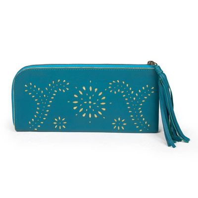 Alternate image for Cutout Design Leather Wallet Clutch in Cool Teal Prambanan Fireworks in Teal