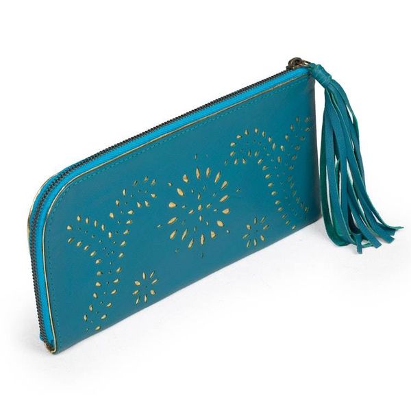 Alternate image for Cutout Design Leather Wallet Clutch in Cool Teal Prambanan Fireworks in Teal