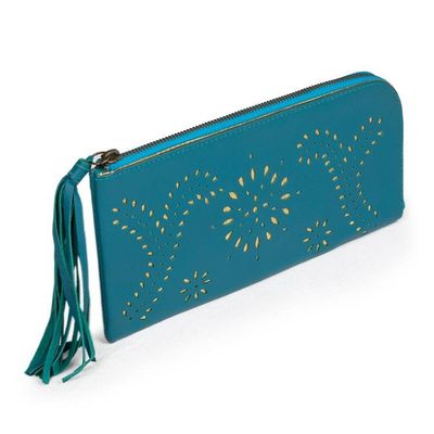 Alternate image for Cutout Design Leather Wallet Clutch in Cool Teal Prambanan Fireworks in Teal