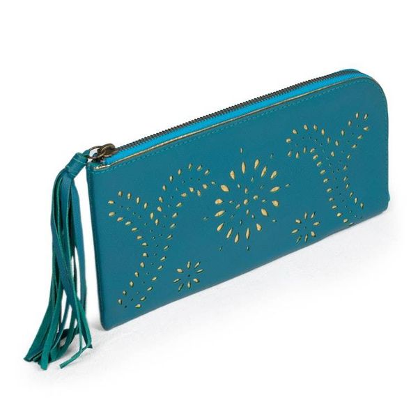 Alternate image for Cutout Design Leather Wallet Clutch in Cool Teal Prambanan Fireworks in Teal