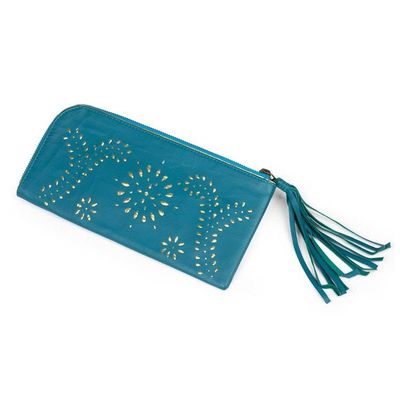 Alternate image for Cutout Design Leather Wallet Clutch in Cool Teal Prambanan Fireworks in Teal