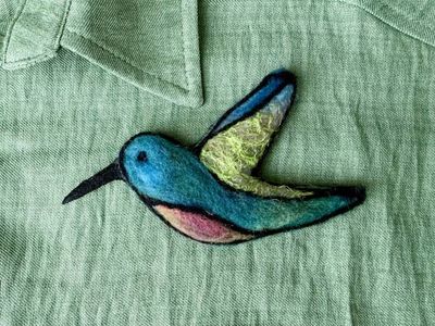 Alternate image for Needle felted hummingbird bird pin, carefully crafted from wool to create a small, lightweight brooch.