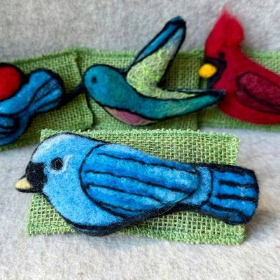 Alternate image for Needle felted blue jay bird pin, carefully crafted from wool to create a small, lightweight brooch.