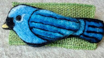 Alternate image for Needle felted blue jay bird pin, carefully crafted from wool to create a small, lightweight brooch.