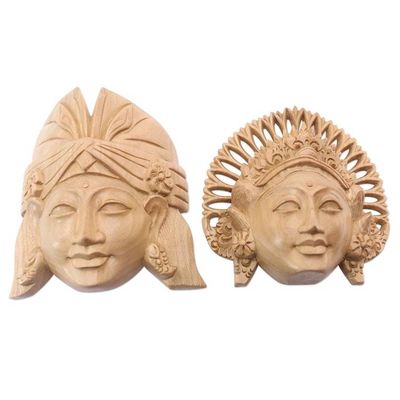 Alternate image for Crocodile Wood Balinese Dancing Masks Pair Kecak and Janger