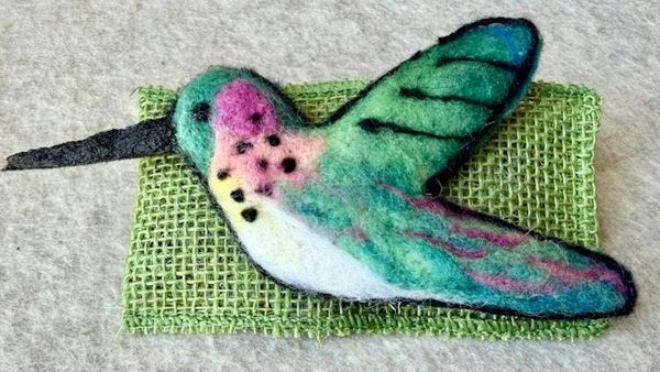 Alternate image for Needle felted hummingbird, small light weight woolen pin, wearable fiber art