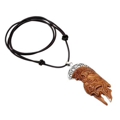 Alternate image for Mens Bone Leather Silver Roman Gladiator Pendant Necklace Mighty Fighter
