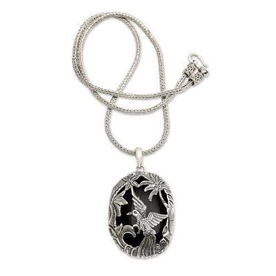 Alternate image for Onyx and Sterling Silver Bird Pendant Necklace from Bali Cendrawasih Haven