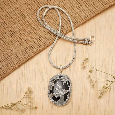 Alternate image for Onyx and Sterling Silver Bird Pendant Necklace from Bali Cendrawasih Haven