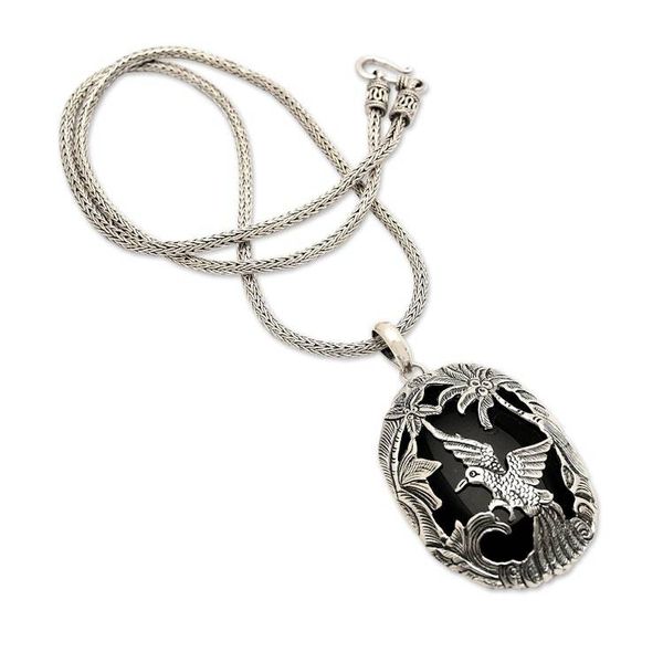 Alternate image for Onyx and Sterling Silver Bird Pendant Necklace from Bali Cendrawasih Haven