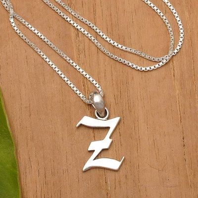 Alternate image for Classic Letter Z Sterling Silver Pendant Necklace from Bali Letter Z