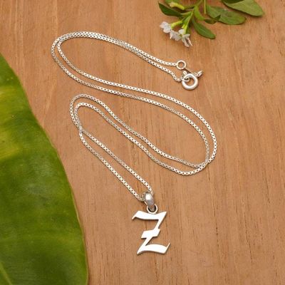 Alternate image for Classic Letter Z Sterling Silver Pendant Necklace from Bali Letter Z
