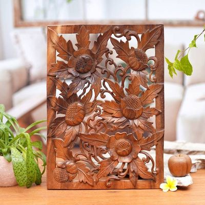 Alternate image for Hand-Carved Intricate Floral Wood Relief Panel from Bali Floral Canopy