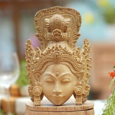 Alternate image for Artisan Hand-Carved Wooden Princess Sita Mask from Bali Crowned Princess Sita