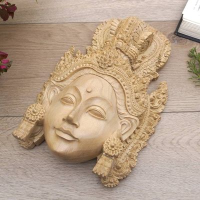 Alternate image for Artisan Hand-Carved Wooden Princess Sita Mask from Bali Crowned Princess Sita