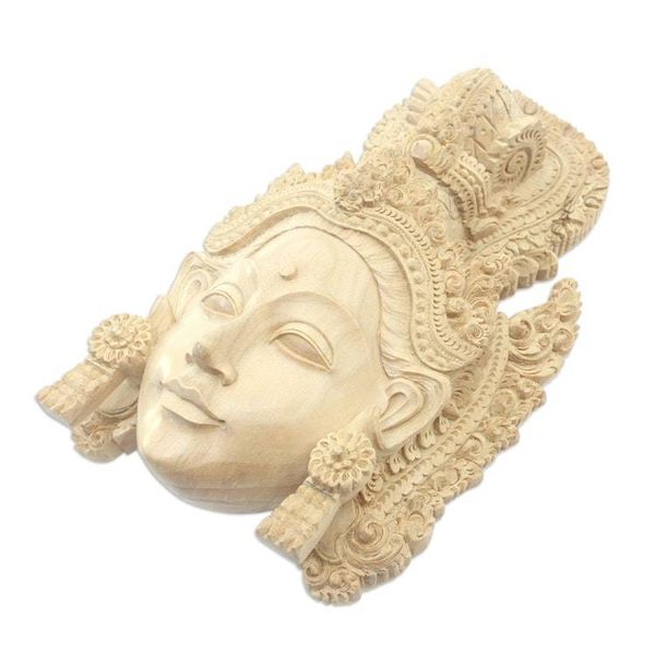 Alternate image for Artisan Hand-Carved Wooden Princess Sita Mask from Bali Crowned Princess Sita