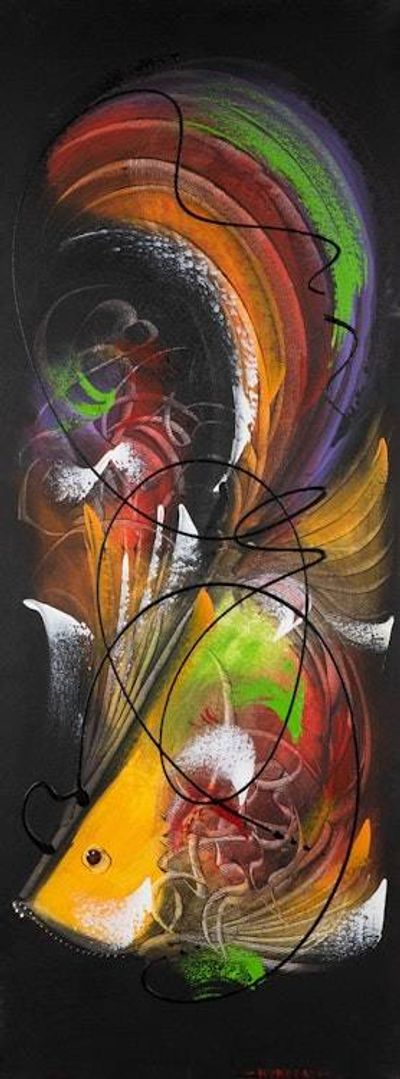 Alternate image for Abstract Goldfish-Themed Modern Acrylic Painting from Bali Eternal Flow