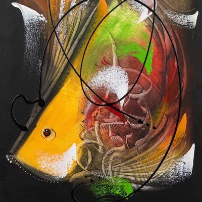 Alternate image for Abstract Goldfish-Themed Modern Acrylic Painting from Bali Eternal Flow