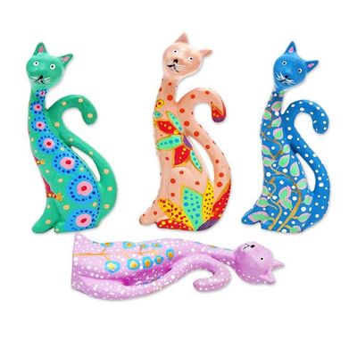 Alternate image for Set of 4 Hand-Painted Floral Albesia Wood Cat Ornaments Fantasy Felines in Spring