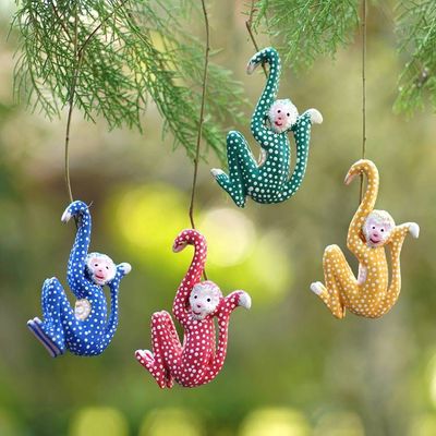 Alternate image for Set of 4 Painted Tropical Albesia Wood Monkey Ornaments Jumping Monkeys