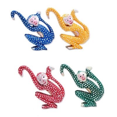 Alternate image for Set of 4 Painted Tropical Albesia Wood Monkey Ornaments Jumping Monkeys