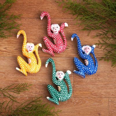Alternate image for Set of 4 Painted Tropical Albesia Wood Monkey Ornaments Jumping Monkeys