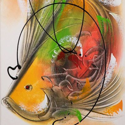 Alternate image for Modern Acrylic Painting of Abstract Koi Fish from Indonesia The Flow of Prosperity