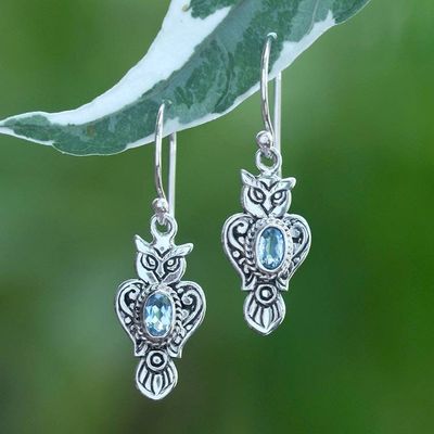 Primary image for Silver Owl Dangle Earrings with Oval Blue Topaz Gemstones Azure Owl