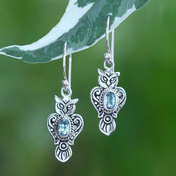 Alternate image for Silver Owl Dangle Earrings with Oval Blue Topaz Gemstones Azure Owl