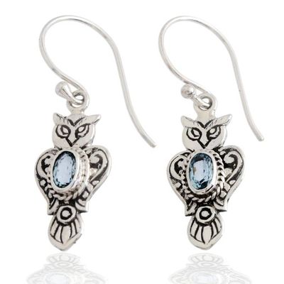 Alternate image for Silver Owl Dangle Earrings with Oval Blue Topaz Gemstones Azure Owl