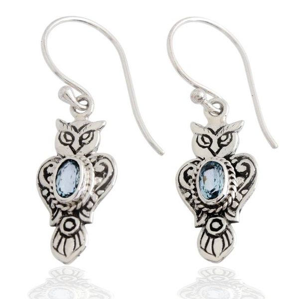 Alternate image for Silver Owl Dangle Earrings with Oval Blue Topaz Gemstones Azure Owl