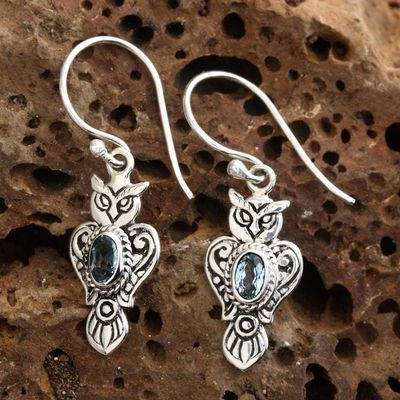 Alternate image for Silver Owl Dangle Earrings with Oval Blue Topaz Gemstones Azure Owl