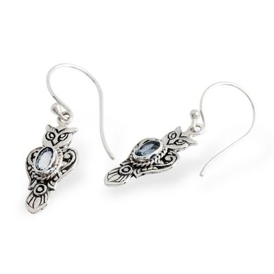 Alternate image for Silver Owl Dangle Earrings with Oval Blue Topaz Gemstones Azure Owl