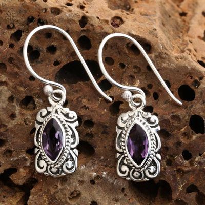 Primary image for Silver Dangle Earrings with Marquise-Shaped Amethyst Stones Ornate Frame