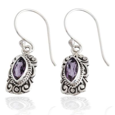 Alternate image for Silver Dangle Earrings with Marquise-Shaped Amethyst Stones Ornate Frame