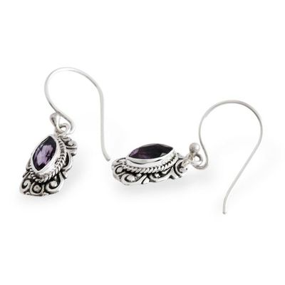 Alternate image for Silver Dangle Earrings with Marquise-Shaped Amethyst Stones Ornate Frame