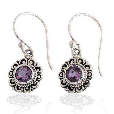 Primary image for Floral Silver Dangle Earrings with Round Amethyst Gemstones Morning Flower