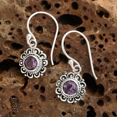 Alternate image for Floral Silver Dangle Earrings with Round Amethyst Gemstones Morning Flower