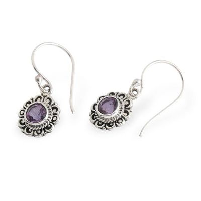 Alternate image for Floral Silver Dangle Earrings with Round Amethyst Gemstones Morning Flower