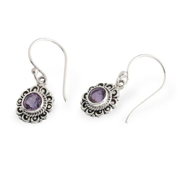 Alternate image for Floral Silver Dangle Earrings with Round Amethyst Gemstones Morning Flower