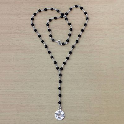 Primary image for Onyx and Sterling Silver Chinese Coin Y Necklace Good Fortunes