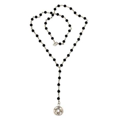 Alternate image for Onyx and Sterling Silver Chinese Coin Y Necklace Good Fortunes