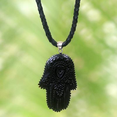 Primary image for Artistic Hamsa Pendant Necklace in Horn and Black Leather Hamsa Art