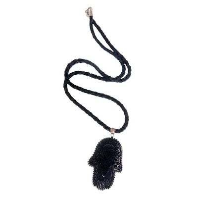Alternate image for Artistic Hamsa Pendant Necklace in Horn and Black Leather Hamsa Art