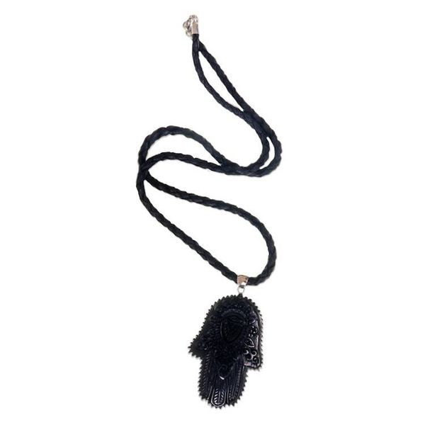 Alternate image for Artistic Hamsa Pendant Necklace in Horn and Black Leather Hamsa Art