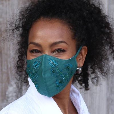 Alternate image for 2 Beaded Embroidered Cotton Face Masks in Gray and Turquoise Glamorous Grey and Turquoise