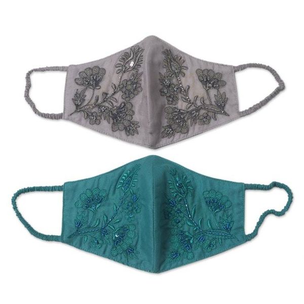 Alternate image for 2 Beaded Embroidered Cotton Face Masks in Gray and Turquoise Glamorous Grey and Turquoise