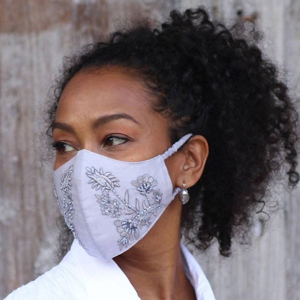 Alternate image for 2 Beaded Embroidered Cotton Face Masks in Gray and Turquoise Glamorous Grey and Turquoise
