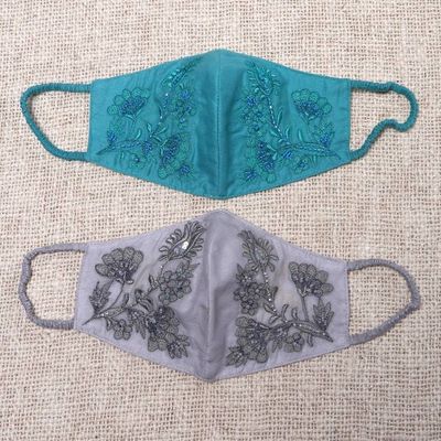 Alternate image for 2 Beaded Embroidered Cotton Face Masks in Gray and Turquoise Glamorous Grey and Turquoise