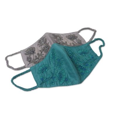 Alternate image for 2 Beaded Embroidered Cotton Face Masks in Gray and Turquoise Glamorous Grey and Turquoise